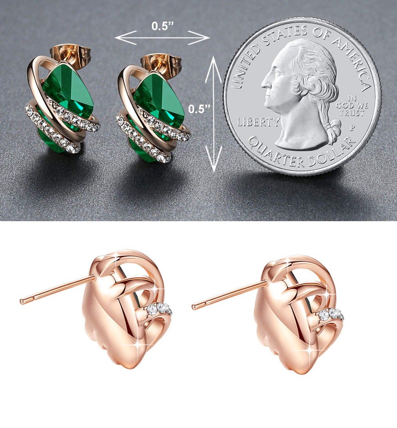 Leafael Wish Stone Stud Earrings with Emerald Green Birthstone Crystal, 18K Rose Gold Plated - Image 2